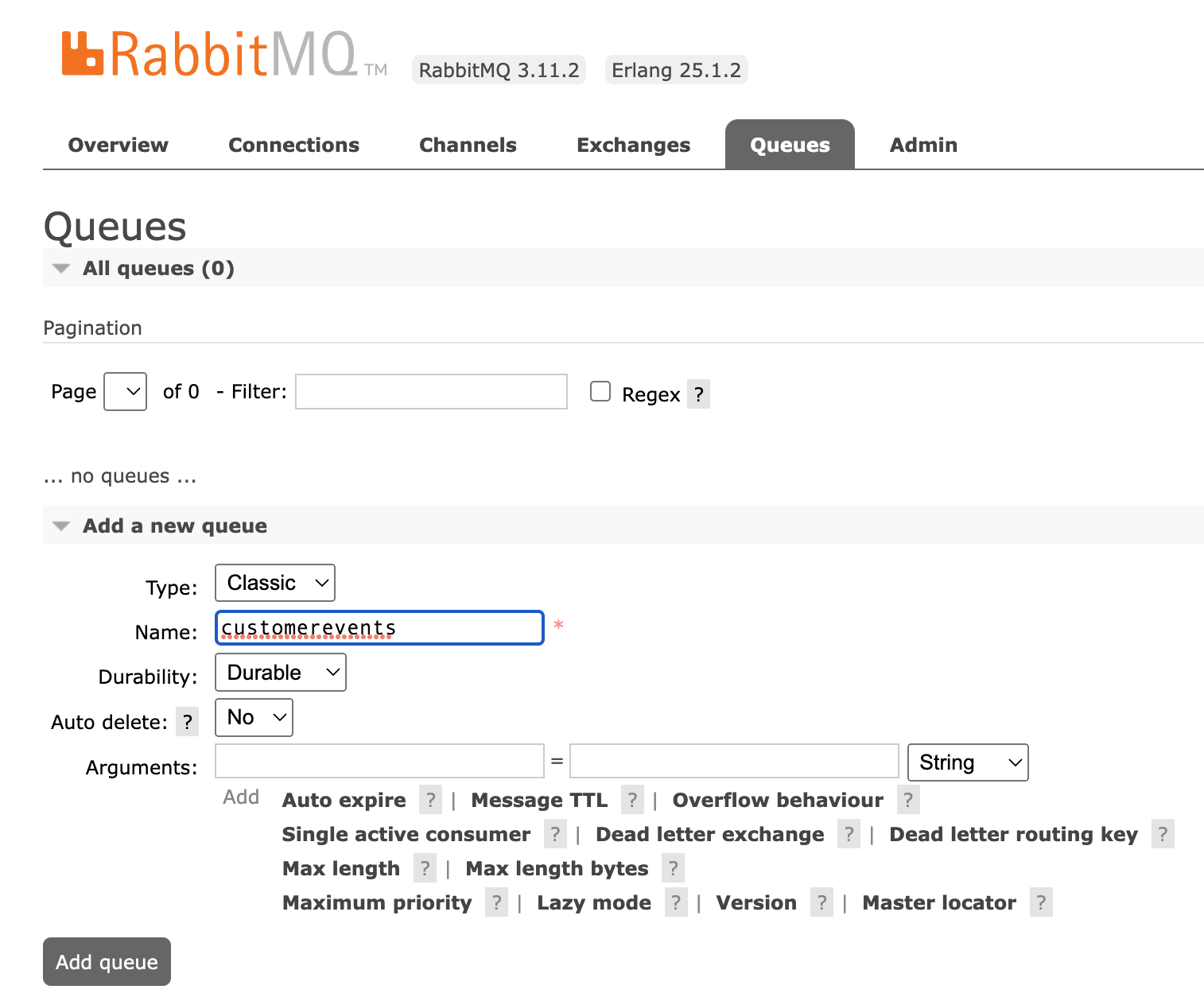 RabbitMQ new queue