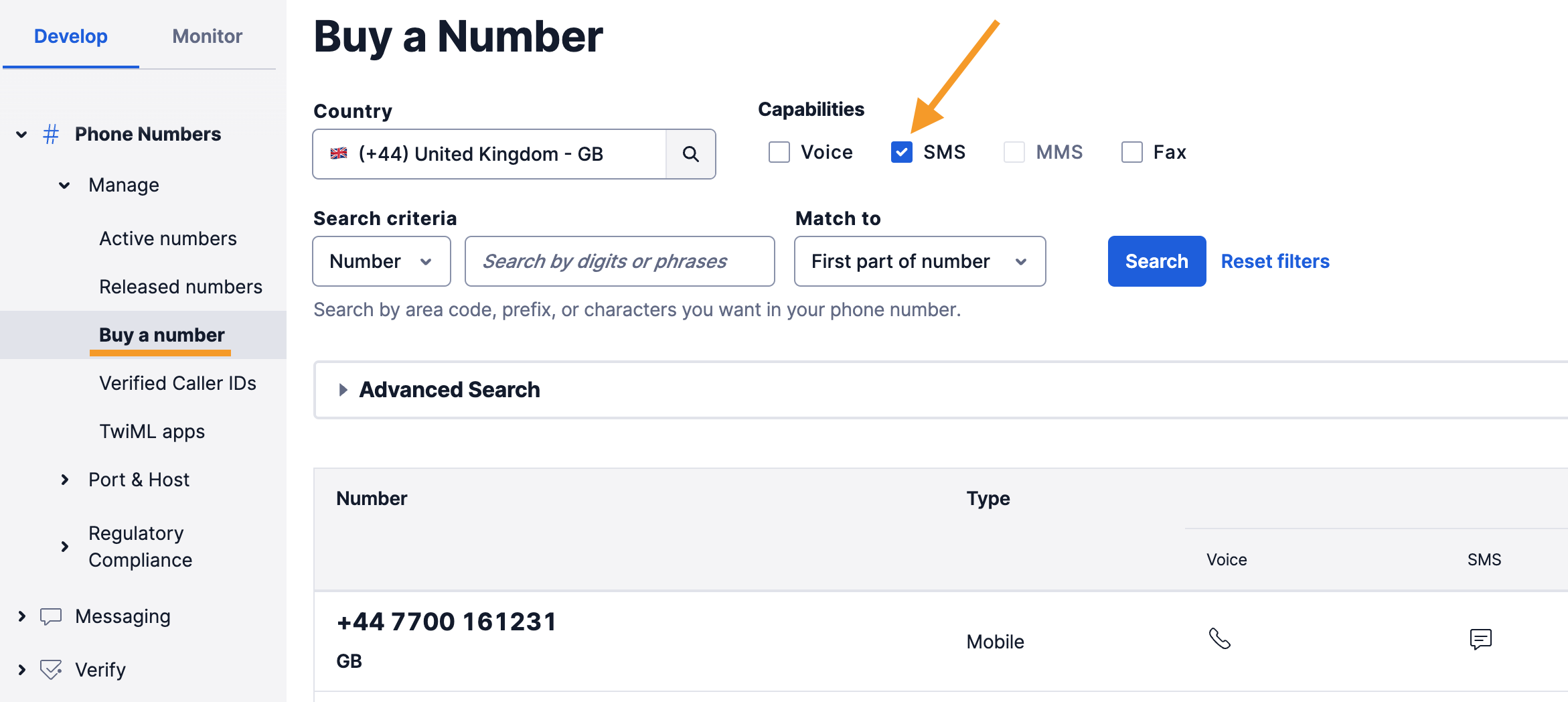 Twilio buy number